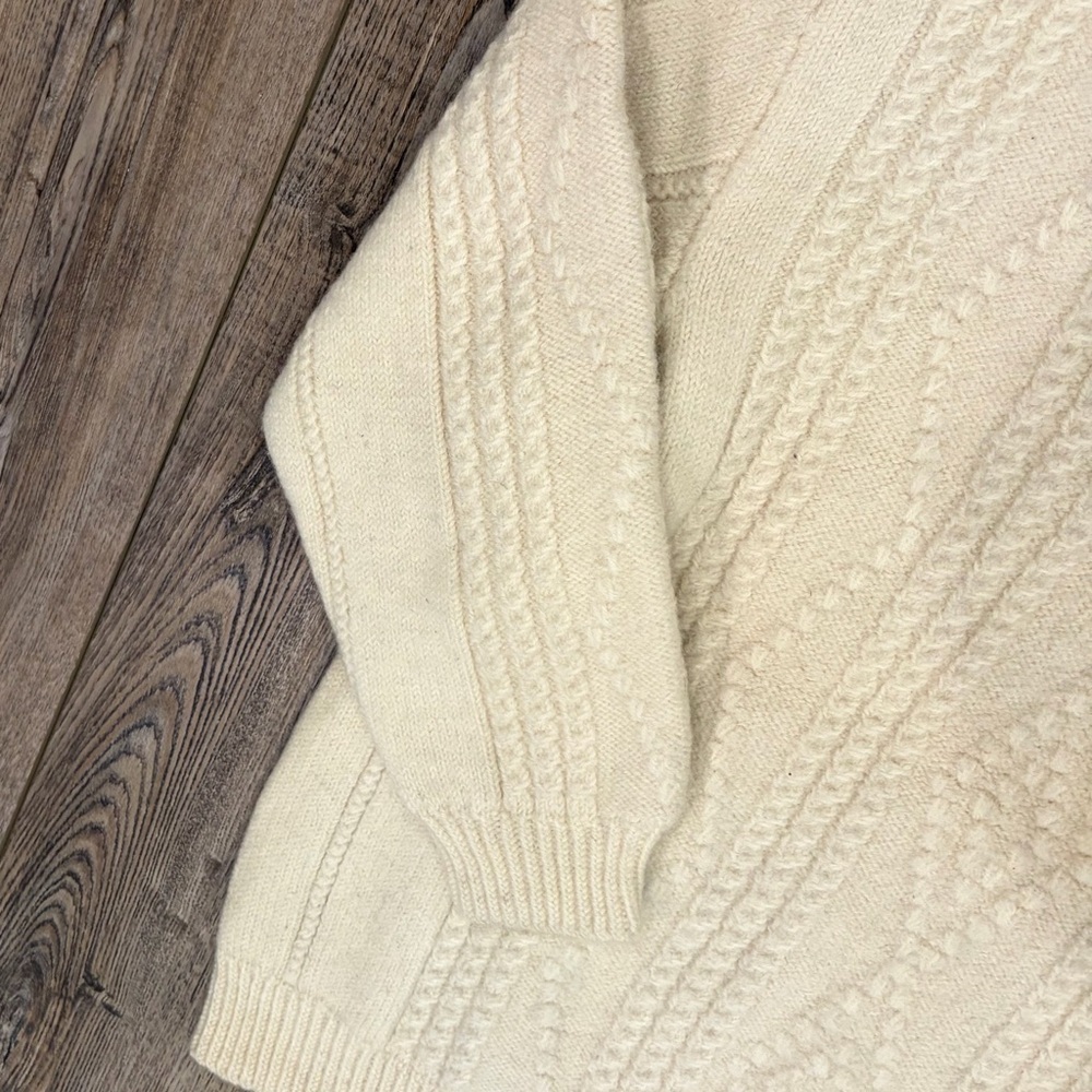 Handmade Cream Cable-Knit Wool Sweater • Heavy Chunky Knit • V-Neck - Picture 5 of 8